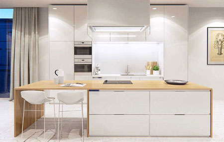 دکوراسیون آشپزخانه با طرح چوب و رنگ سفید